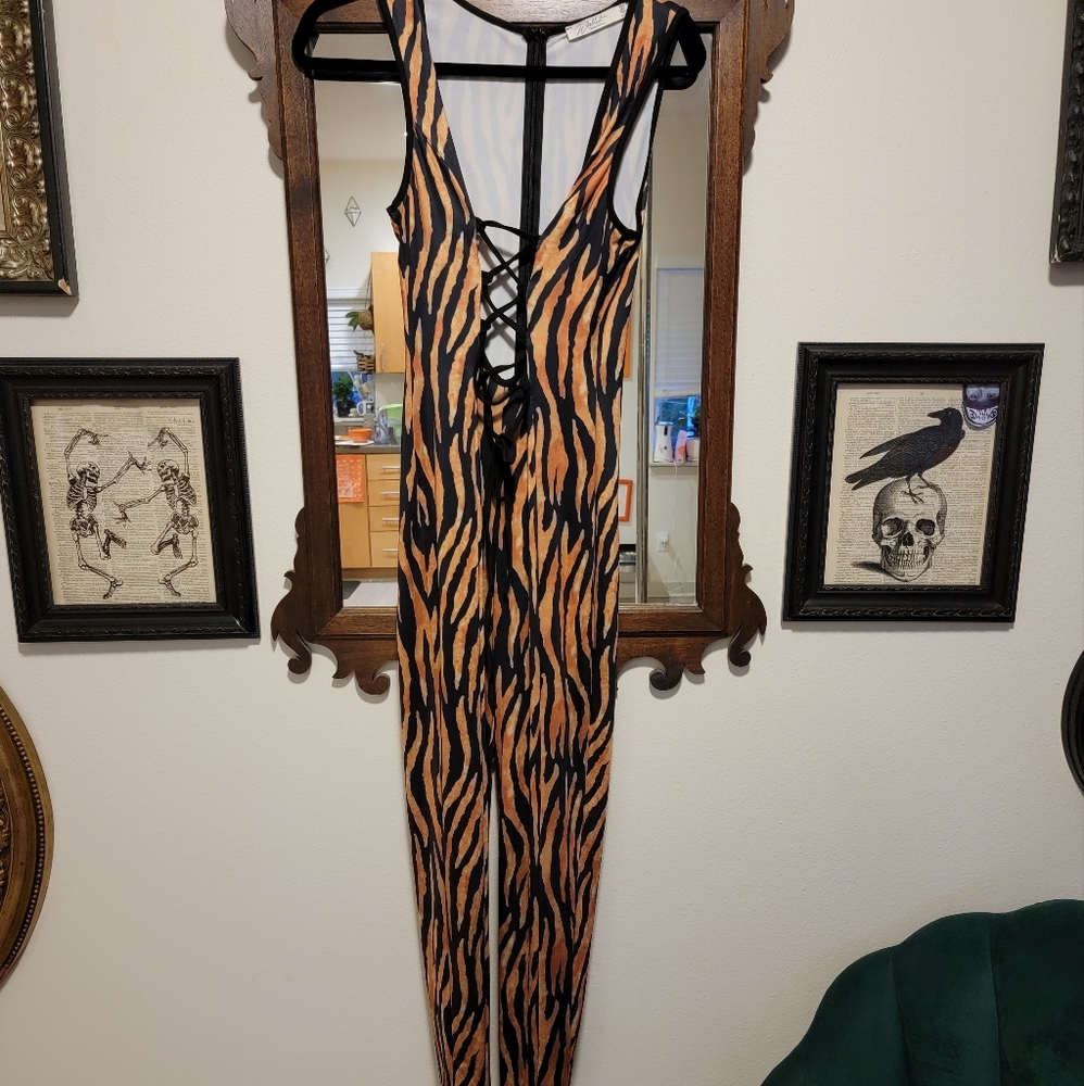 Tiger Striped Deep Plunge Jumpsuit/Romper